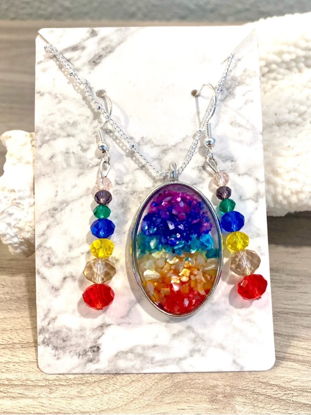 26. Multicolor Beach Rainbow Crystal Pendant Necklace and Earrings Set